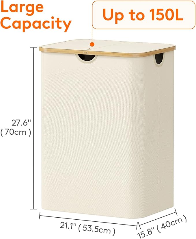 Lifewit 150L Laundry Basket with Lid, Clothes Hampers for Laundry with Bamboo Handles and 2 Removable Bag, Large Foldable Laundry Hamper for Bedroom, Bathroom, Dorm, Laundry Room, White