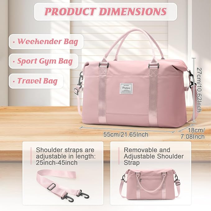 Womens travel bags, weekender carry on for women, sports Gym Bag, workout duffel bag, overnight shoulder Bag fit 15.6 inch Laptop Pink Large