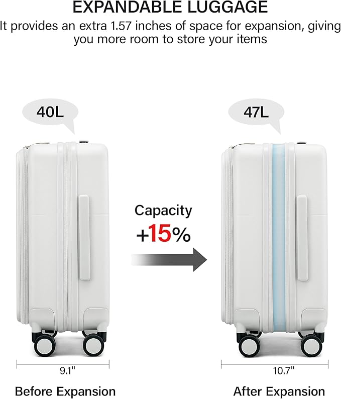 Hanke 20 Inch Expandable Carry On Luggage with Cup Holder 22x14x9 Airline Approved, Top Opening Hard Shell Suitcases with Wheels, Carry-On Travel Suitcase Trunk Luggage with Lock, Smoke White