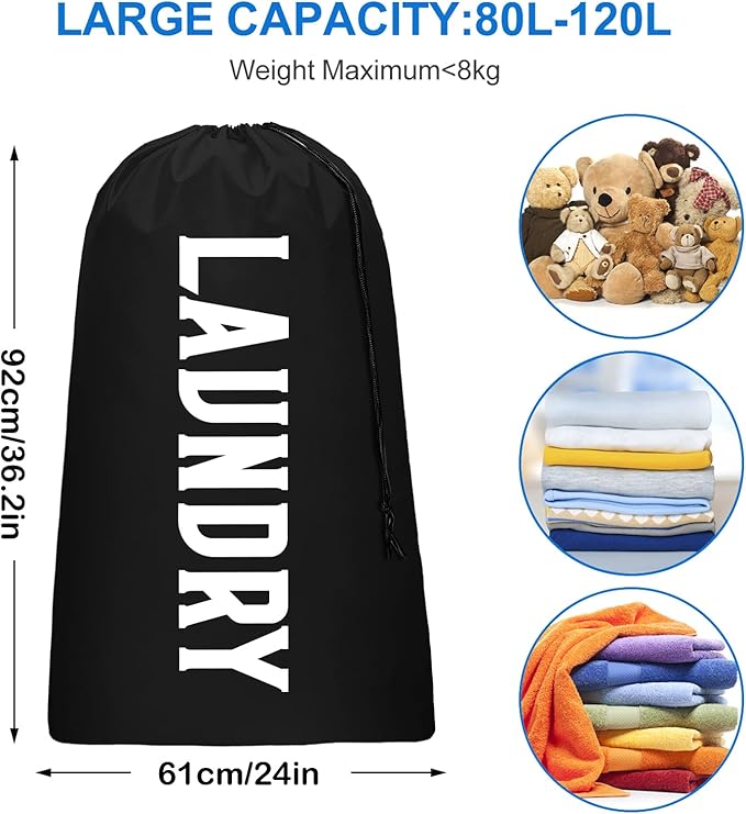 2 Pack XL Travel Laundry Bag, Machine Washable Dirty Clothes Organizer, Large Enough to Hold 4 Loads of Laundry, Easy Fit a Laundry Hamper or Basket (Blue + Black, 24" x 36")