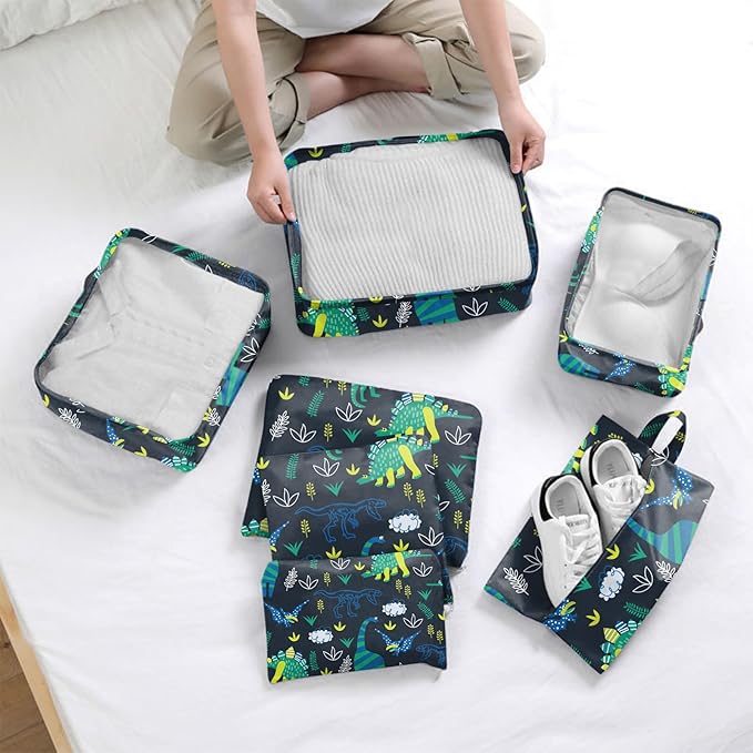 Packing Cubes for Kids 7 Set Travel Luggage Organizers for Suitcase Travel Accessories with Shoe Bag for Women Girls Cute Aesthetic Art-Green Dinosaur