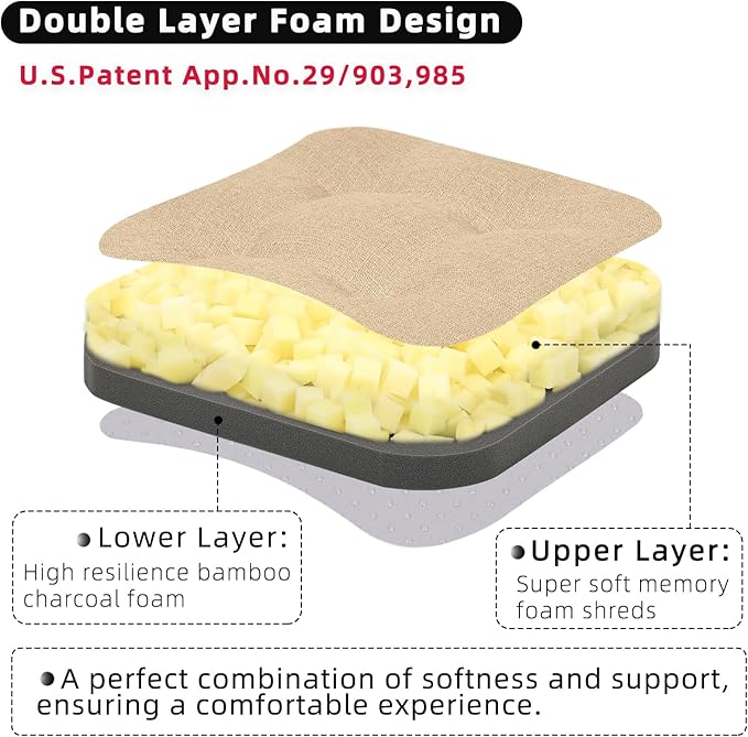 GOFORIT Memory Foam Cushion，Square Seat Cushions for Dining Chairs,Non-Slip Chair Pads with Removable Cover, 16'' x 16'', Khaki