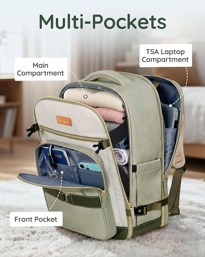 Taygeer Underseat Personal Item Backpack, Dirt-resistant TSA Approved United Airlines Personal Item Bag 17x10x9 with 2 Packing Cubes, 35L Travel Carry on Backpack for Airplanes women, Green