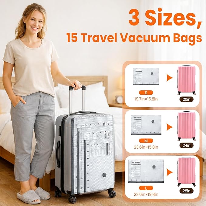 Vacuum Storage Bags for Travel, 15 Pack Vacuum Seal Bags for Clothing With Cordless Electric Pump, Space Saver Bags for Luggage, Clothes, Ideal for Home, Seasonal Storage, and Packing for Travel
