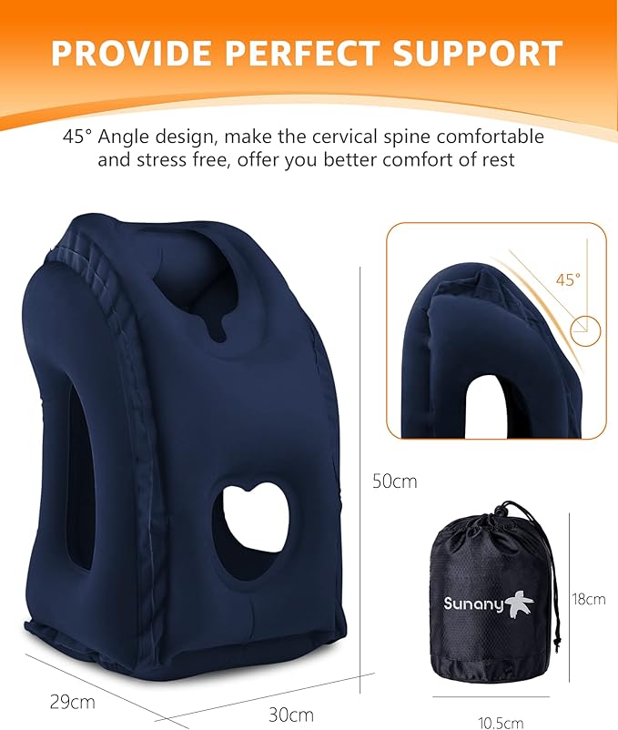 Sunany Travel Pillow, Inflatable Neck Pillow Used for Airplanes/Cars/Buses/Trains/Office Napping with Eye Mask/Earplugs (Blue)