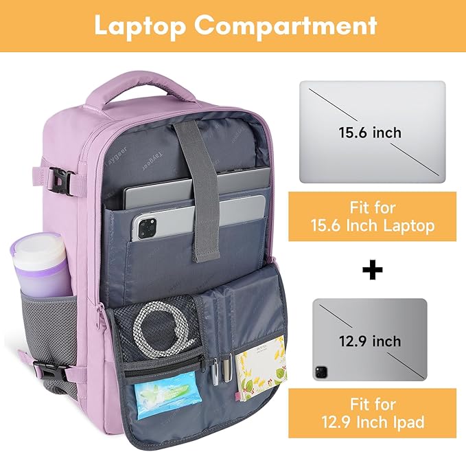 Taygeer Travel Backpack for Men Women, Airline Approved Underseat Personal Item with 17.3 inch Laptop Compartment, TSA Friendly Mochila for Business Hiking Weekend, Carry On Backpack, Orchid Purple