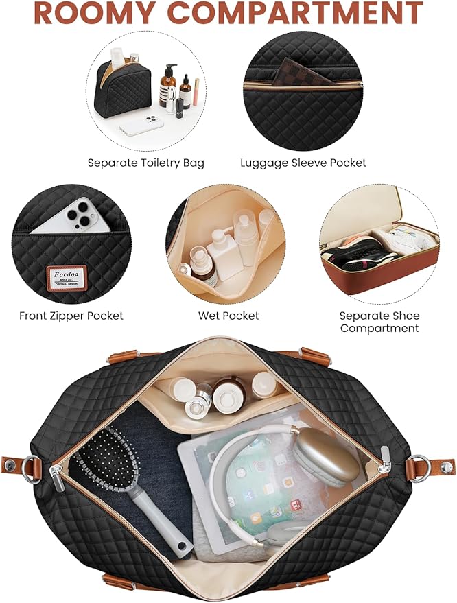 Travel Weekender Duffle Bags for Women: Overnight Bags with Shoe Compartment Large Carry on Weekend Bag with Toiletry & Wet Pocket Tote Duffel Bag Hospital Bag for Women Labor Delivery Black Brown