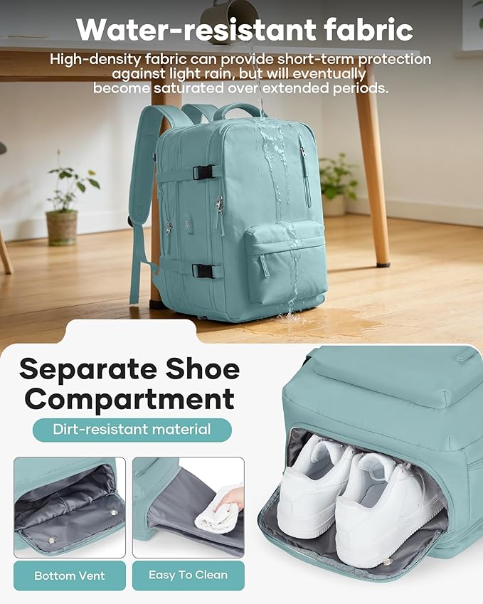 VECAVE Vacuum Backpack Travel with Pump, Expandable Personal Item Carry on Backpacks for Women Men, Laptop Waterproof Work Compression bags with USB Casual Daypack LightBlue