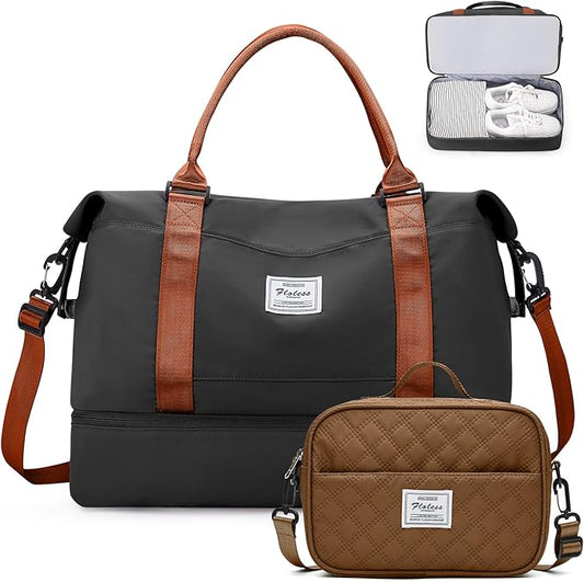 Weekender Bags for Women,Extra Large Travel Duffle Overnight Bag with Shoe Compartment,Personal Item Carry On Bag with Grid Toiletry Bag,Black & Brown
