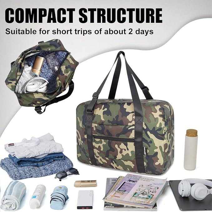 Small Duffle Bag for Men Women, Mini Gym Bag Foldable Travel Tote Carry On Luggage with Trolley Sleeve, Green Camo