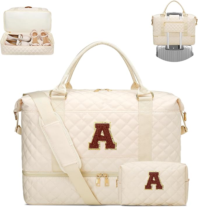 Gifts for Women Initial Travel Duffle Bag Quilted Weekender Bags Carry-On Overnight with Cosmetic Bag, Gym Bag with Shoe Compartment Hospital Bag for Women Labor Delivery, Beige-A