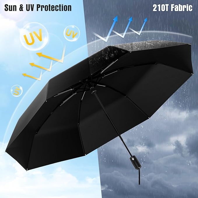 Windproof Travel Umbrella, Compact Umbrella, Car Umbrellas for Rain & Sun, 8 Fiberglass Ribs for Strong UV & Wind Resistance, Portable, Lightweight, Vent, Easy Automatic Open/Close