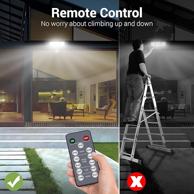 D2D Security Lights Motion Sensor Outdoor LED Flood Lights Remote 45W 5000K | NOVOSTELLA 2Pack Outside Motion Floodlights IP65 Waterproof Dusk to Dawn 3 Heads Wired Wall Adjustable for Garage Yard House
