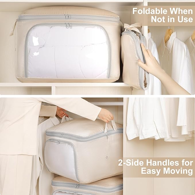 Comforter Storage Bag - Large Capacity Blanket Storage Bags Front-opening Ultra Space Saving Self Compression Organizer, Washable Compression Bags for Storage Comforter Blanket, 1 Pack, Beige
