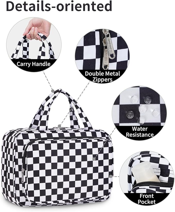 Narwey Hanging Toiletry Bag for Women Travel Makeup Bag Organizer Toiletries Bag for Travel Size Essentials Accessories Cosmetics (Black Checkerboard (Medium))