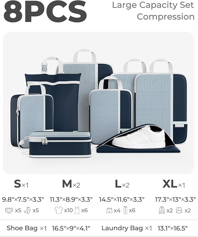 Percover Compression Packing Cubes 8-Piece Set, Packing Cubes Compression for Travel with Laundry Bag & Shoe Bag, Travel Organizer for Carry On & Checked Luggage, Navy Blue