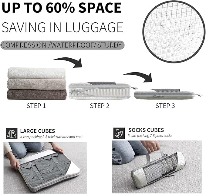 9-Set Packing Cubes with Hanging Bag | 9-Size Combination, Mesh Fabric & Reflective Stripe | Travel Luggage Organizers (Beige)