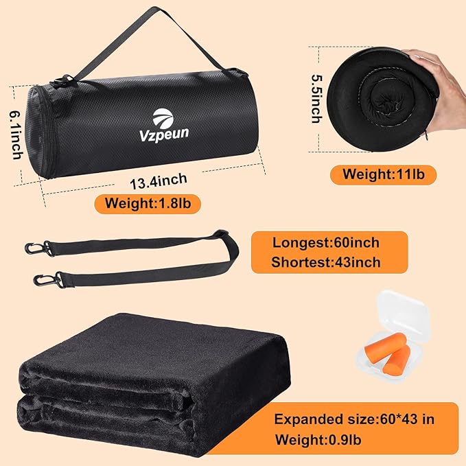 Travel Pillow Blanket Set - Hooded Neck Pillows Airplane with Portable Bag Earplugs, Memory Foam Filling, Long Flights Trip Essentials for Plane, Office, Cars Sleeping