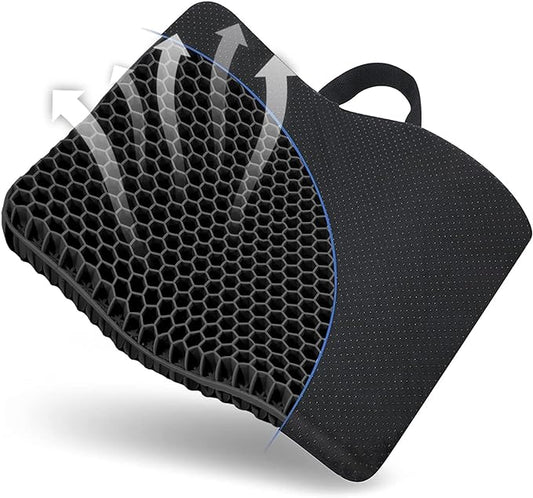 Gel Seat Cushion, for Long Sitting -Double Thick Gel Seat Cushion Breathable Honeycomb Chair Cushion with Non-Slip Cover for Office Chair Car, Wheelchair, Long Trips,Relief Sciatica Pain