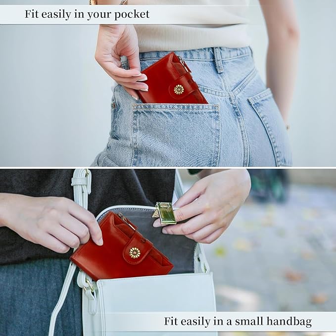 Leather Wallet Women,RFID Blocking Womens Wallet Bifold Compact Card Holder Small Wallet for Women with Removable ID Window Winered