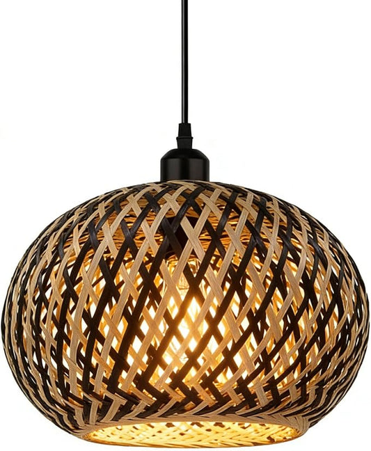 Island Pendant Light Black Natural Hand-Woven Bamboo Pendant Lights 1-Light Boho Light Fixtures Farmhouse Rustic Hanging Lamp for Living Room Dining Room Bedroom