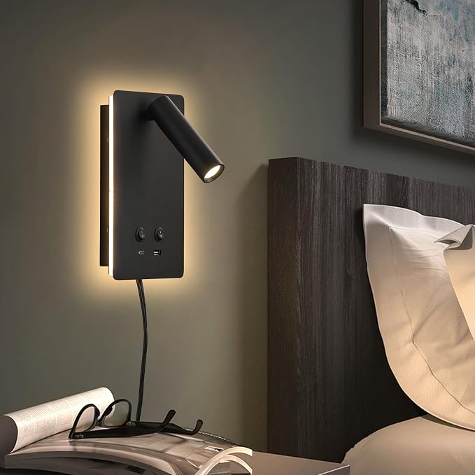 MOLUOLA LED Wall Lamp Wall Mounted Reading Lights, Adjustable Headboard Plug in Wall Sconce with USB C+A Ports, Headboard Bedside Lamp with 9W+3W Night Light 3000K (Black)