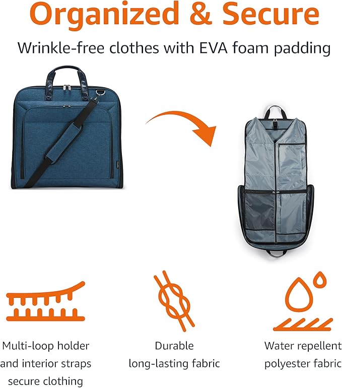 Amazon Basics Carry-On Garment Bag for Travel and Business Trips with Detachable Shoulder Strap, Hanging Suit Luggage, Wrinkle Free Cover for Suits Dresses Coats, Foldable with Shoe Compartment, Navy