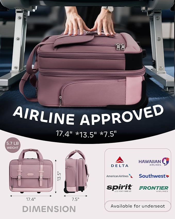 Rolling Laptop Bag Women, Rolling Briefcase for Women with Dual Lock, 16 Inch Computer Bag with Wheels, Roller Underseat Carry On Luggage Personal Item Suitcase for Work Travel Business