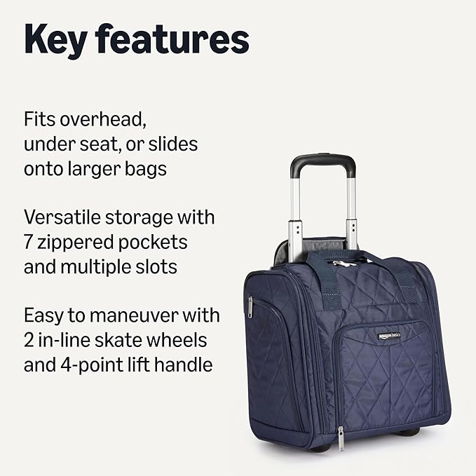 Amazon Basics Underseat Carry-On Luggage with Wheels, 14" Rolling Travel Bag, Fits Under the Seat with Multiple Pockets and Compartments, Navy Quilted