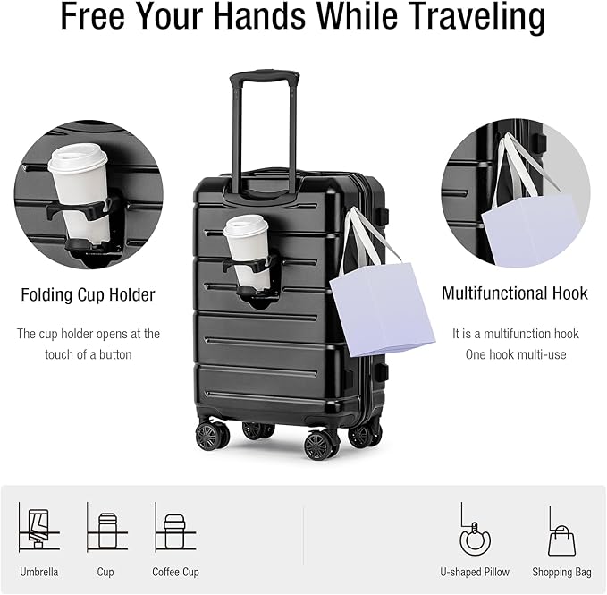 KYME Carry On Luggage 22x14x9 Airline Approved Hardshell Carry On Suitcases with Wheels Travel Rolling 20 Inch Luggage with Cup Holder for Men Women,Carry-on Black