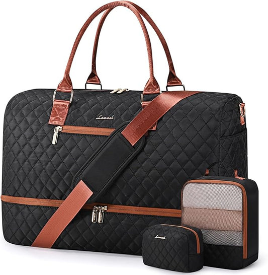 LOVEVOOK Travel Duffle Bag for Women, Weekender Overnight Bag with Shoe Compartment, Carry on Bag with Toiletry Bag, Gym Duffel Bag with Wet Pocket, Hospital Bags for Labor and Delivery 3 Pcs Set
