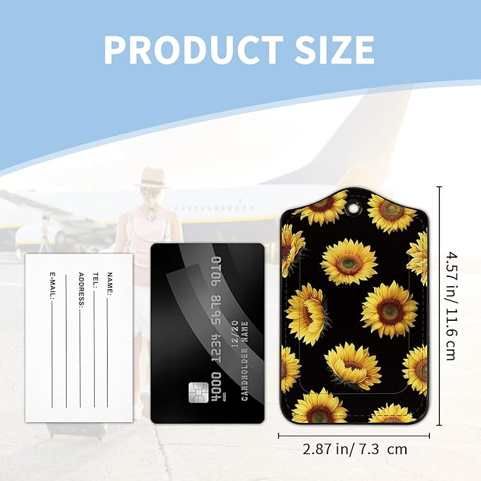 2 Pcs Luggage Tag for Suitcases, Cute Sunflower PU Leather Suitcase Tag Privacy Cover ID Label with Metal Loop, Personalized Baggage Identifier for Women Cruise Bag Travel Essentials Black