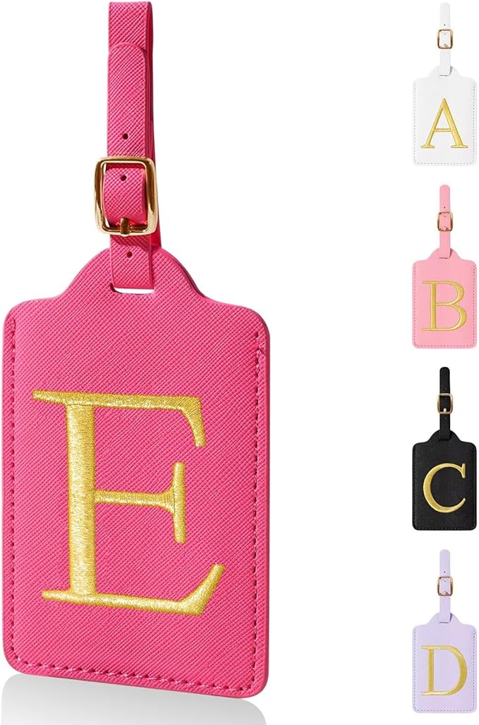 Personalized Initial Luggage Tags for Suitcases,Leather Letter Cute Luggage Tags with Privacy Name Card,Embroidered Monogrammed Travel Bag Backpack Tag Gifts for Women Kids Girls Teens(Rosered-E)