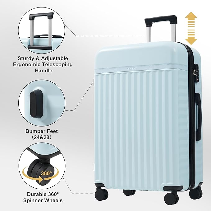 Merax Luggage Sets, Durable Hardshell 3 Piece Suitcase with Double Spinner Wheels and Handle Bags,Lightweight Carry on Luggage with TSA Lock,20+24+28 inches,Light Blue