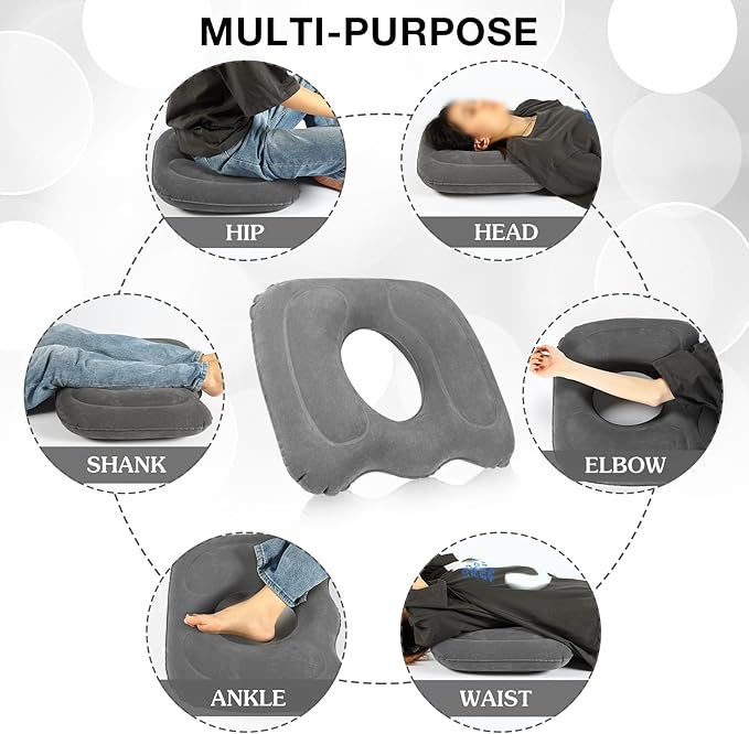 Leinuosen 1 Pcs Inflatable Seat Cushion 18.1'' x 15.7'' x 4.7'' Portable Lift Donut Pillow Height Adjustable Hemorrhoid Pillow for Tailbone Back Pain Bed Sore Home Car Chair Wheelchair Sitting (Grey)