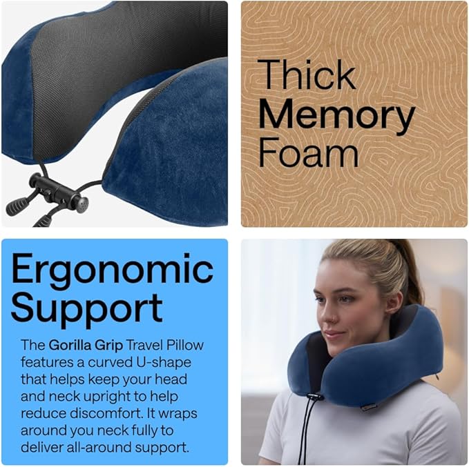 GORILLA GRIP Adjustable Travel Neck Pillow for Airplanes, CertiPUR-US® Memory Foam, Soft Velvet, Cooling Mesh Pillows, Support Headrest for Sleeping, Traveling Essentials Flight Accessories Navy Blue
