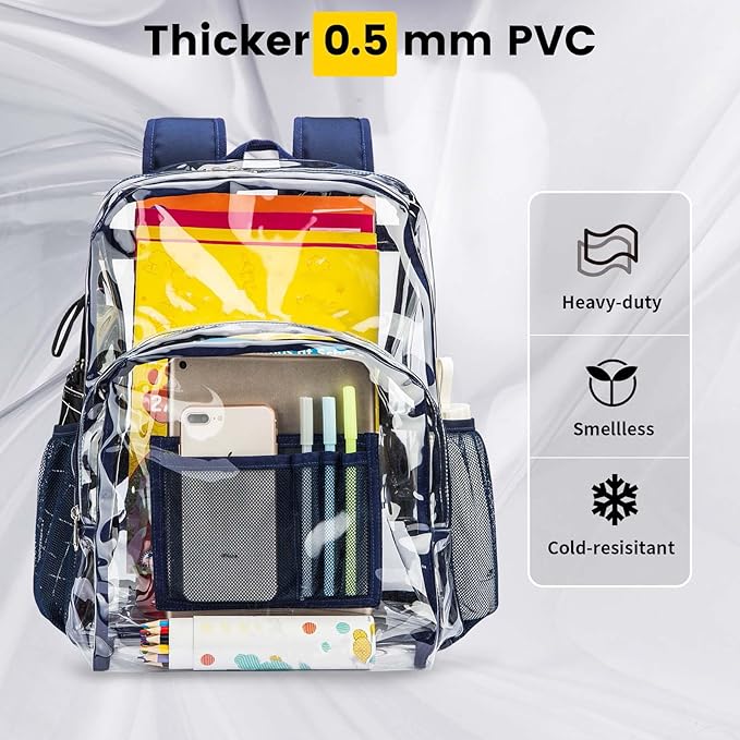 Vorspack Clear Backpack Heavy Duty PVC Transparent Backpack with Reinforced Strap Stitches & Large Capacity for College Workplace Security - Navy