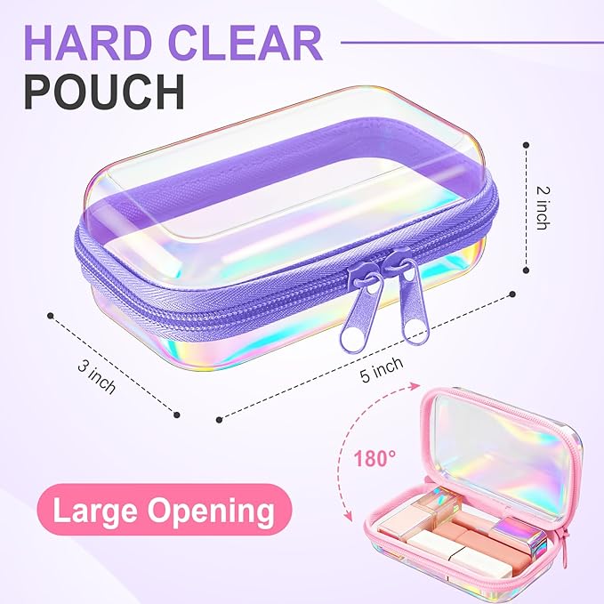Sanwuta 6 Pcs Clear Hard Zipper Case Plastic Zipper Pouches Transparent Makeup Bag Pencil Case Pouches Toiletry Diaper Bag for Travel Toy Storage Organizer Bins(Holographic,5 x 3 x 2 Inch)