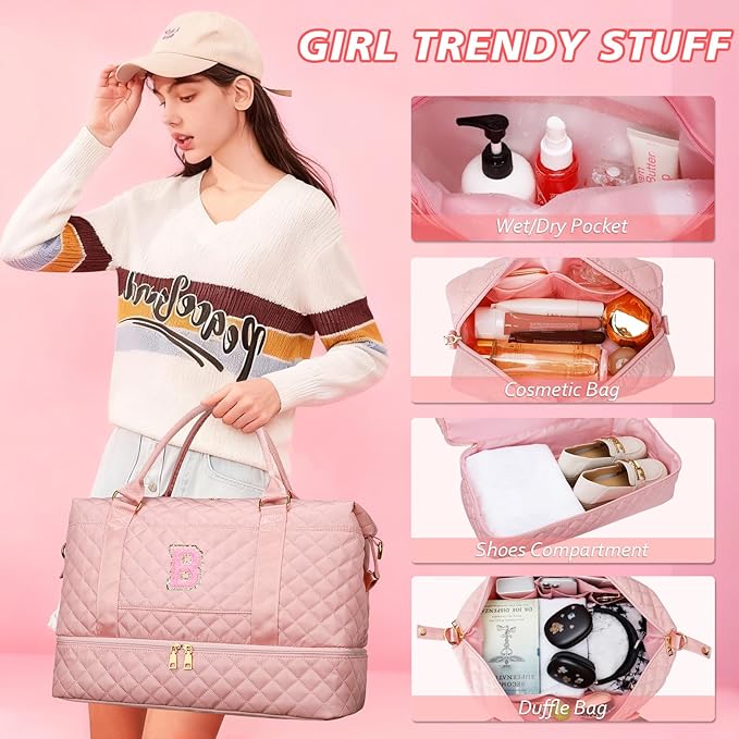 Gifts for Daughter Girls Birthday Initial Travel Duffle Bag Quilted Weekender Bags Carry-On Overnight with Makeup Bag, Gym Bag with Shoe Compartment, Pink-B