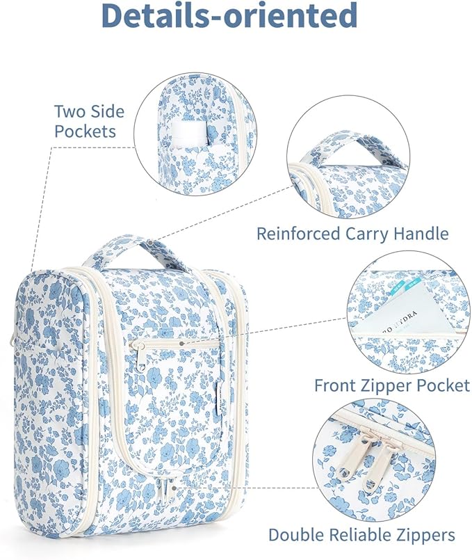 Narwey Hanging Toiletry Bag Women Travel Makeup Bag Organizer Toiletries Bag for Travel Size Essentials Accessories Cosmetics (Medium,Blue Flower)