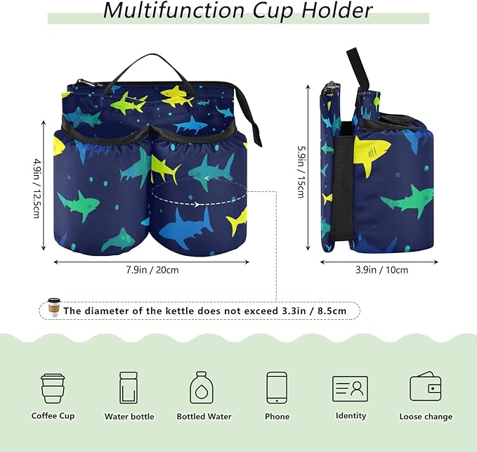 Luggage Cup Holder for Suitcases Free Hands Travel Cup Holder Portable Suitcase Cup Drink Holder Luggage Cup Caddy Bag Carrier Vibrant Sharks Silhouettes