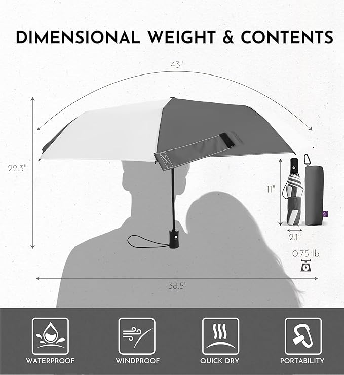 Windproof Travel Umbrella for Rain - 43" Auto Open Close 8-Rib Compact, Stylish Two-Tone Color Block Design, Easy-Close Folding Portable Parasol for Men & Women