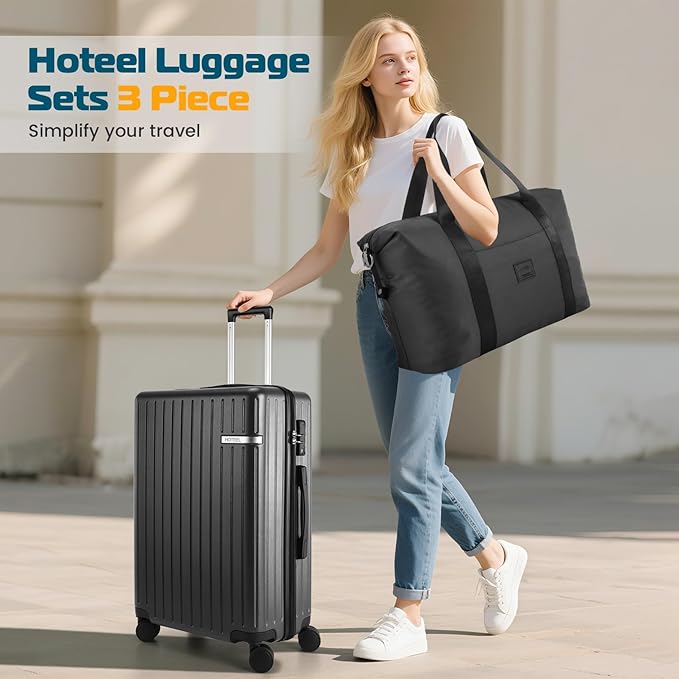 Hoteel Luggage Sets 3 Piece, 4-Yr Warranty, PC+ABS Suitcases with Wheels and Side Hook, Hardshell 20 inch Luggage with Duffel Bag Travel Bag, Black(20/DB/TB)