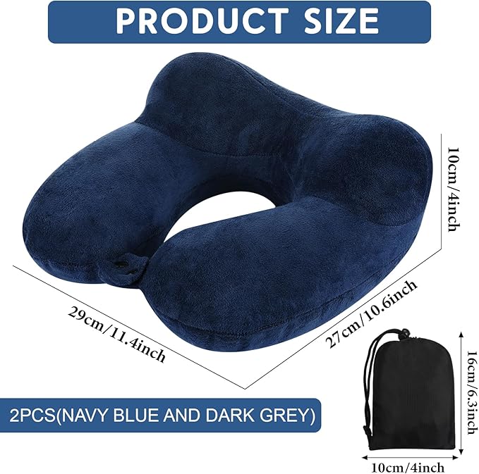 Sintuff 2 Pack Inflatable Travel Pillow for Airplanes Inflatable Neck Flight Pillows with Compact Bag and Blindfold for Traveling, Airplane, Train, Car, Office(Blue and Dark Gray)