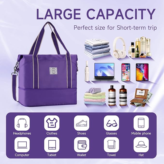 WALNEW Travel Duffel Bag, Weekender Overnight Carry On Bag for Women Men, Foldable Waterproof Gym Luggage Duffle Bag with Metal Buckle Detachable Shoulder Strap and Wet Compartment (Purple)