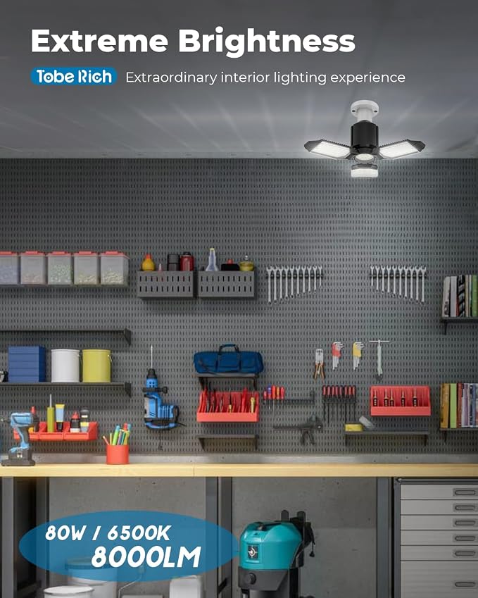 toberich LED Garage Light Bulb, 8000LM Shop Lights 6500K | 3 Deformable Panels, Screw in Ceiling Lights for Garage, Workshop, Workbench, Basement