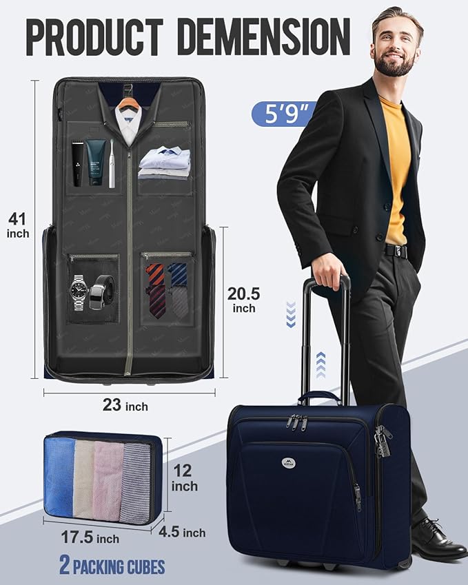 MATEIN Rolling Garment Bags for Travel, Large 2-Wheeled Suit Carrier Fits 17.3Inch Laptop, Foldable Travel Suit Bag With Wheels & 2 Packing Cubes, Check-in Suitcase Luggage for Business Trips, Blue
