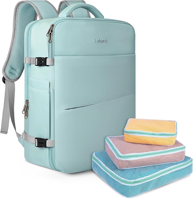 Lubardy Travel Backpack for Men Women 17 Inch Flight Approved Carry on Backpack Waterproof Large 40L Luggage Daypack Business College Weekender Overnight Laptop Backpack with 3 Packing Cubes, Green