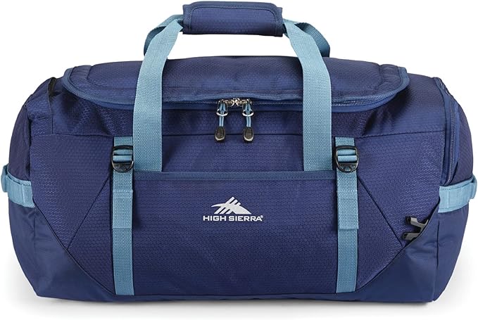 High Sierra Fairlead Travel Overnight Duffel Backpack Gym Bag with Padded Handles, Compression Straps, and Multiple Pockets, True Navy/Graphite Blue