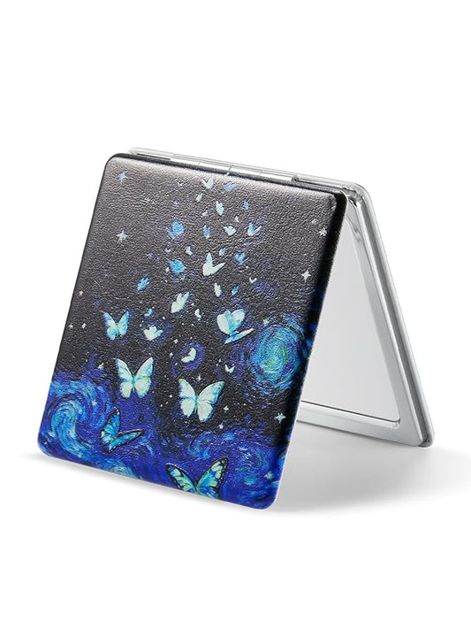 OMIRO 1X/3X Magnifying Mirror, Unique Painting Compact Mirror with Classical PU Leather (Butterfly)